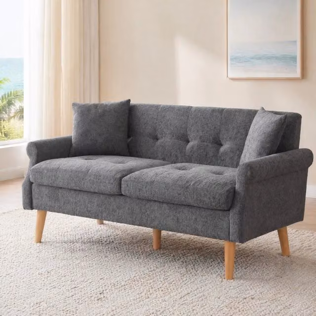 Divano 2 posti REDOM moderno in tessuto grigio con cuscini L: 162 cm, P: 74 cm, H: 77 cm
