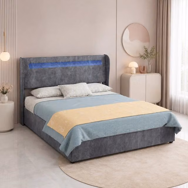 Letto imbottito 140 × 200 cm con illuminazione LED regolabile testiera regolabile in tessuto e metallo grigio