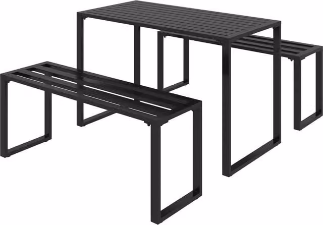 Set da giardino moderno Cipacho composto da tavolo rettangolare e 2 panche in metallo nero opaco L/P/H: 110 x 55 x 70 cm
