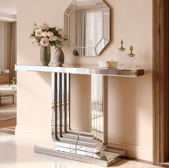 Tavolo consolle a specchio con base a U in MDF e vetro; argento