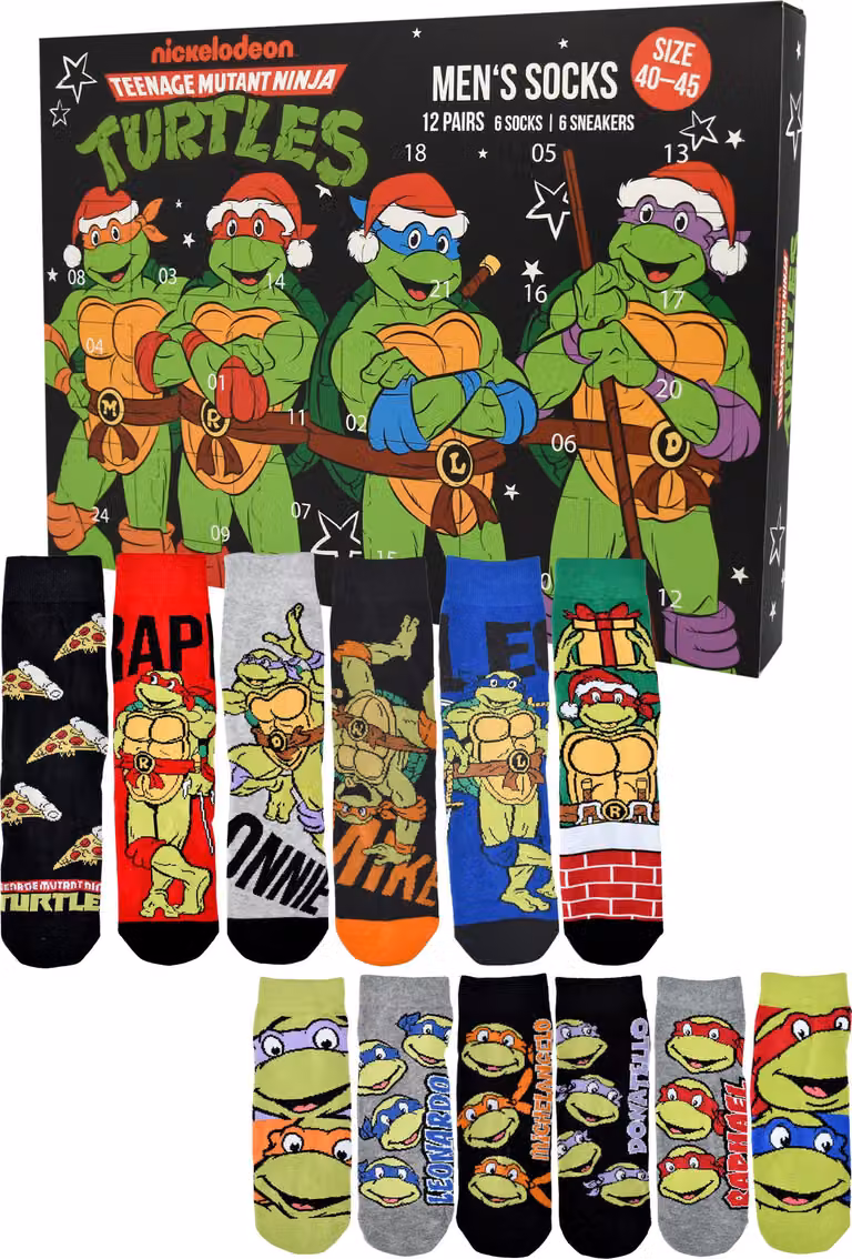 Calendario dell'Avvento Teenage Mutant Ninja Turtles con 12 paia di calzini taglia 40-45 per uomo Calendario di Natale con scarpe da ginnastica e calzini lunghi