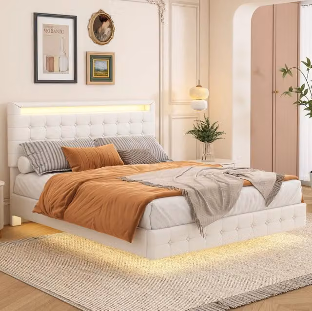 Letto fluttuante 140 x 200 cm in PU e MDF con LED regolabili; bianco