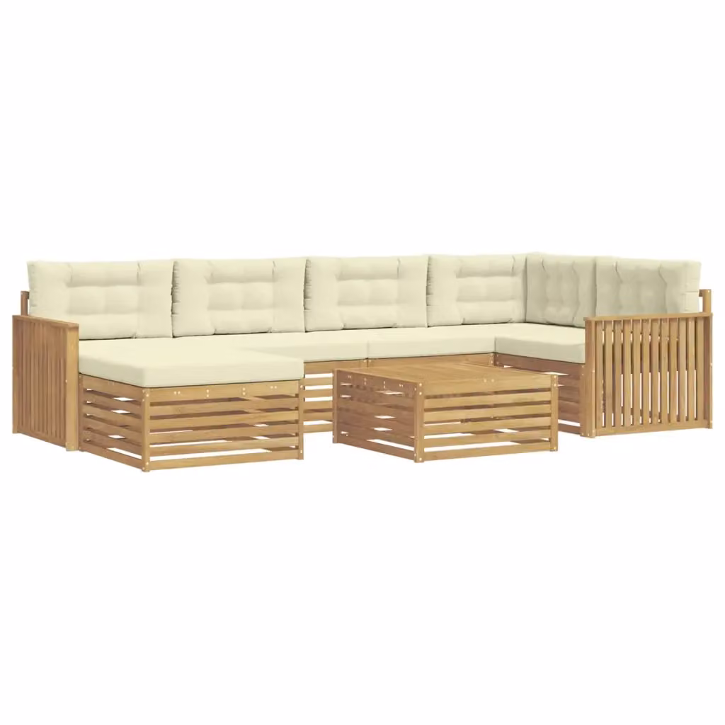 Set di divani da esterno vidaXL a forma di L composto da 7 pezzi in legno di acacia con cuscini bianchi e beige per giardino e terrazza – 2