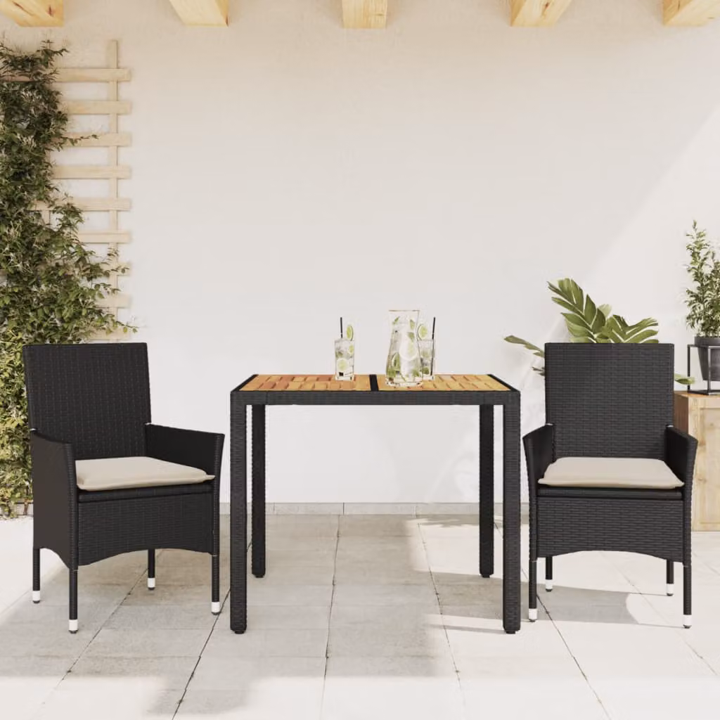 Set da pranzo da giardino vidaXL in polyrattan e legno di acacia nero con cuscini bianchi