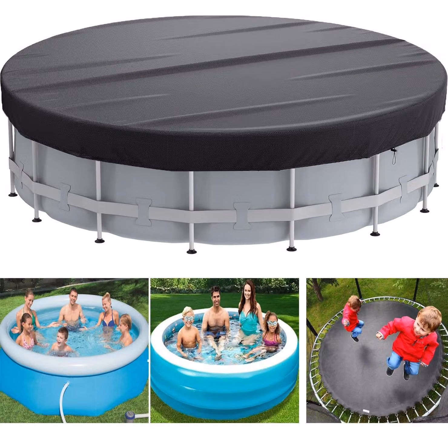 Copertura per piscina, rotonda, diametro 366 cm, realizzata in tessuto Oxford 420D, colore nero. Ideale come copertura invernale, impermeabile, adatta sia per piscine che per vasche idromassaggio