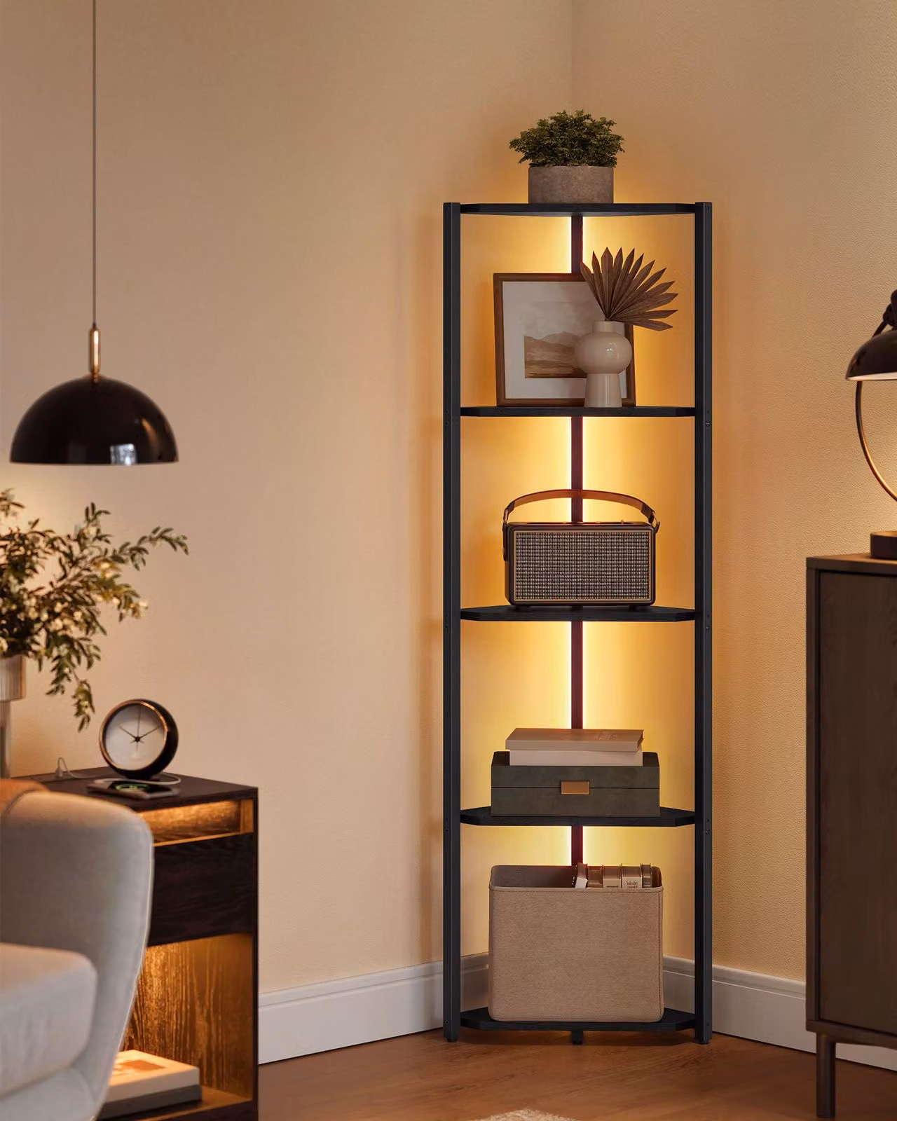 Scaffale angolare con 5 ripiani e illuminazione LED regolabile | Nero | 48x24,8x146,6 cm