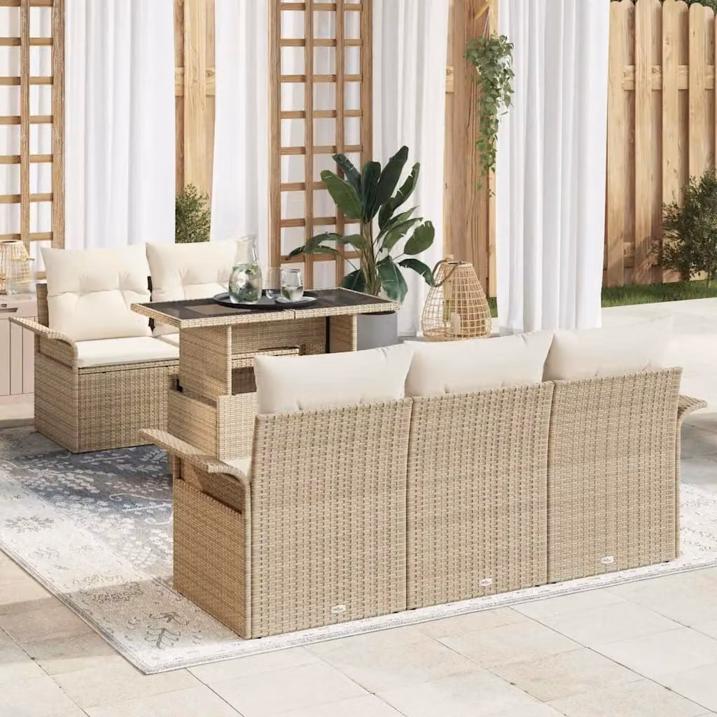 Set Divano da Giardino vidaXL 6 Pezzi a Forma di L in Polyrattan Beige con Cuscini e Tavolino – 1