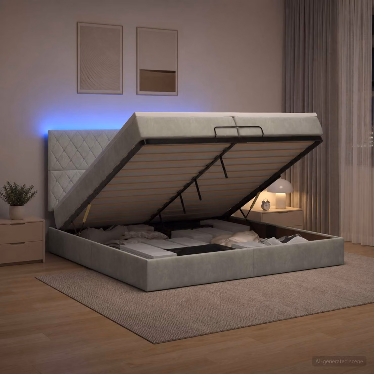 Letto Ottomano con Materasso e Illuminazione LED vidaXL, Grigio Chiaro, L/P/H: 200 x 200 x 88 cm