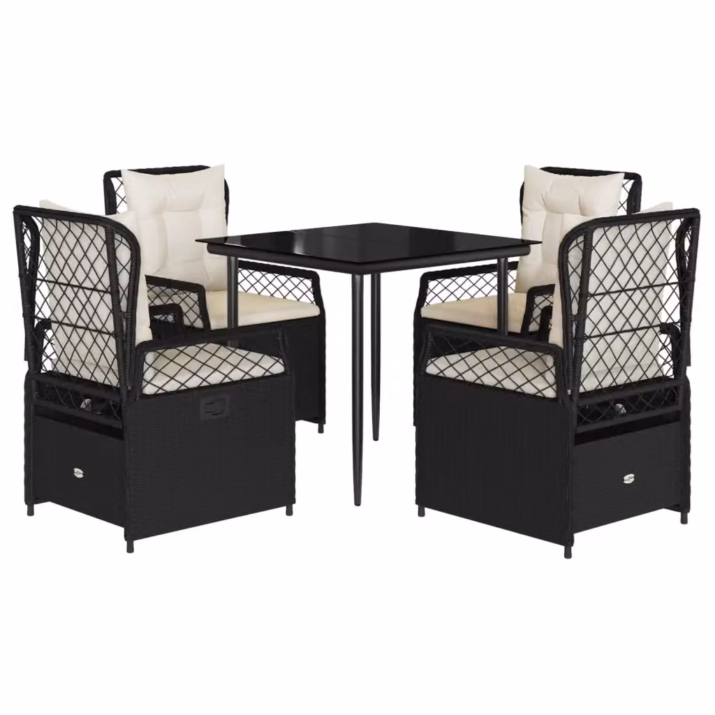 Set da Pranzo da Giardino vidaXL in Polyrattan Nero con Cuscini e Tavolo in Vetro – 2