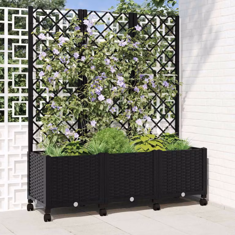 vidaXL Vaso da giardino con grigliato e ruote Nero L: 120 cm, P: 40 cm, H: 146 cm