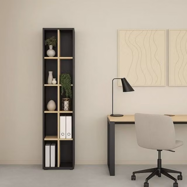 Libreria Erevan, Scaffale da ufficio, Mobile portalibri, Biblioteca, 41x34 h205 cm, Rovere e Grigio