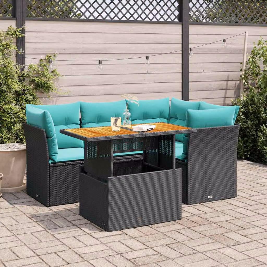 Set Divano da Giardino a L vidaXL in Polyrattan Nero con Tavolino e Cuscini Blu