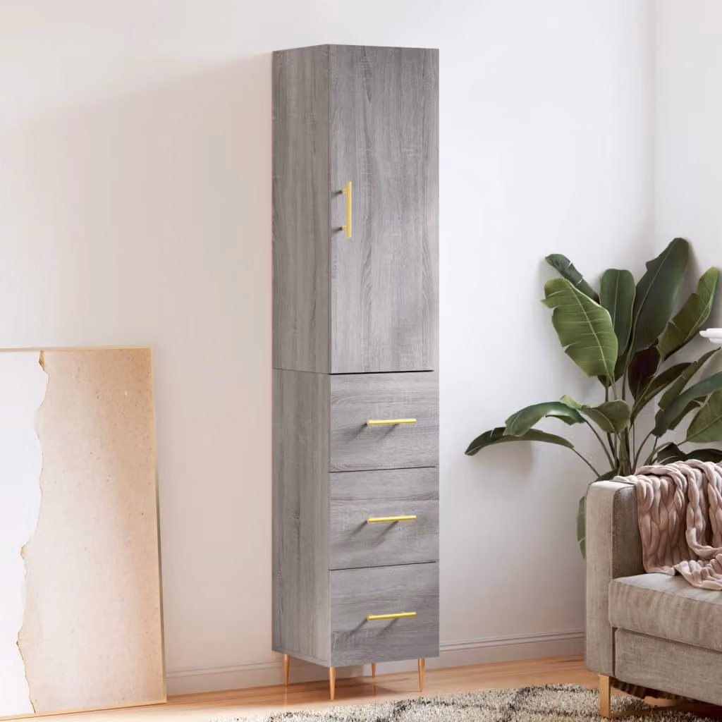 Credenza moderna vidaXL in legno e metallo, Grigio Sonoma, L: 34,5 cm, P: 34 cm, H: 180 cm