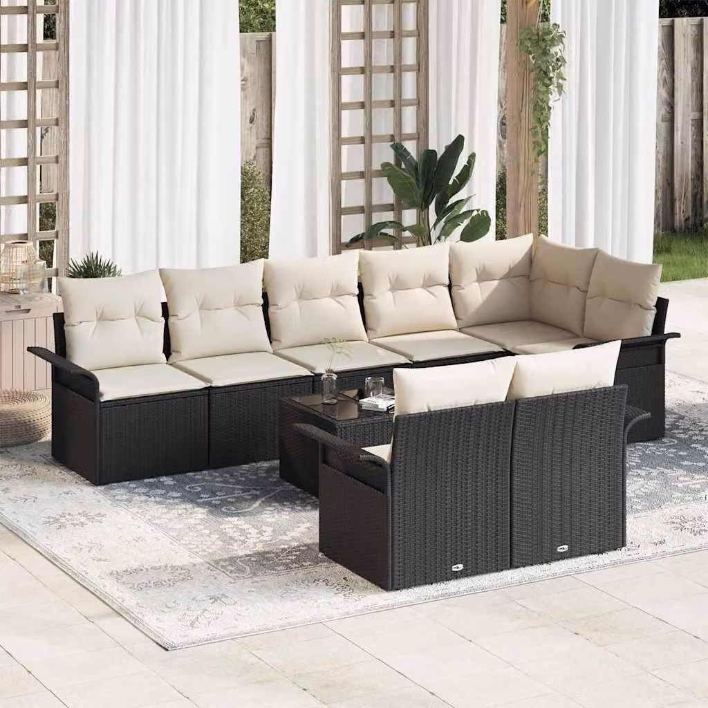 Set Divano da Giardino con cuscino 9 pcs Nero polyrattan
