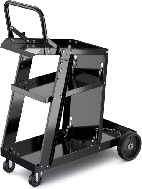 Carrello da saldatura Design Mania a 3 livelli con tavolo inclinabile, catene anti-ribaltamento e 4 ruote, Nero