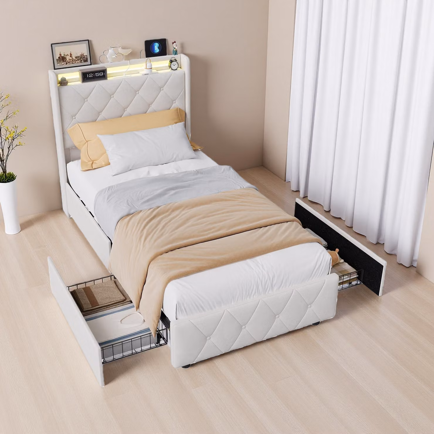Letto imbottito ProximaX 90x200 cm in velluto beige, illuminazione a LED e stazione di ricarica, letto con 2 cassetti e vano portaoggetti nella testiera
