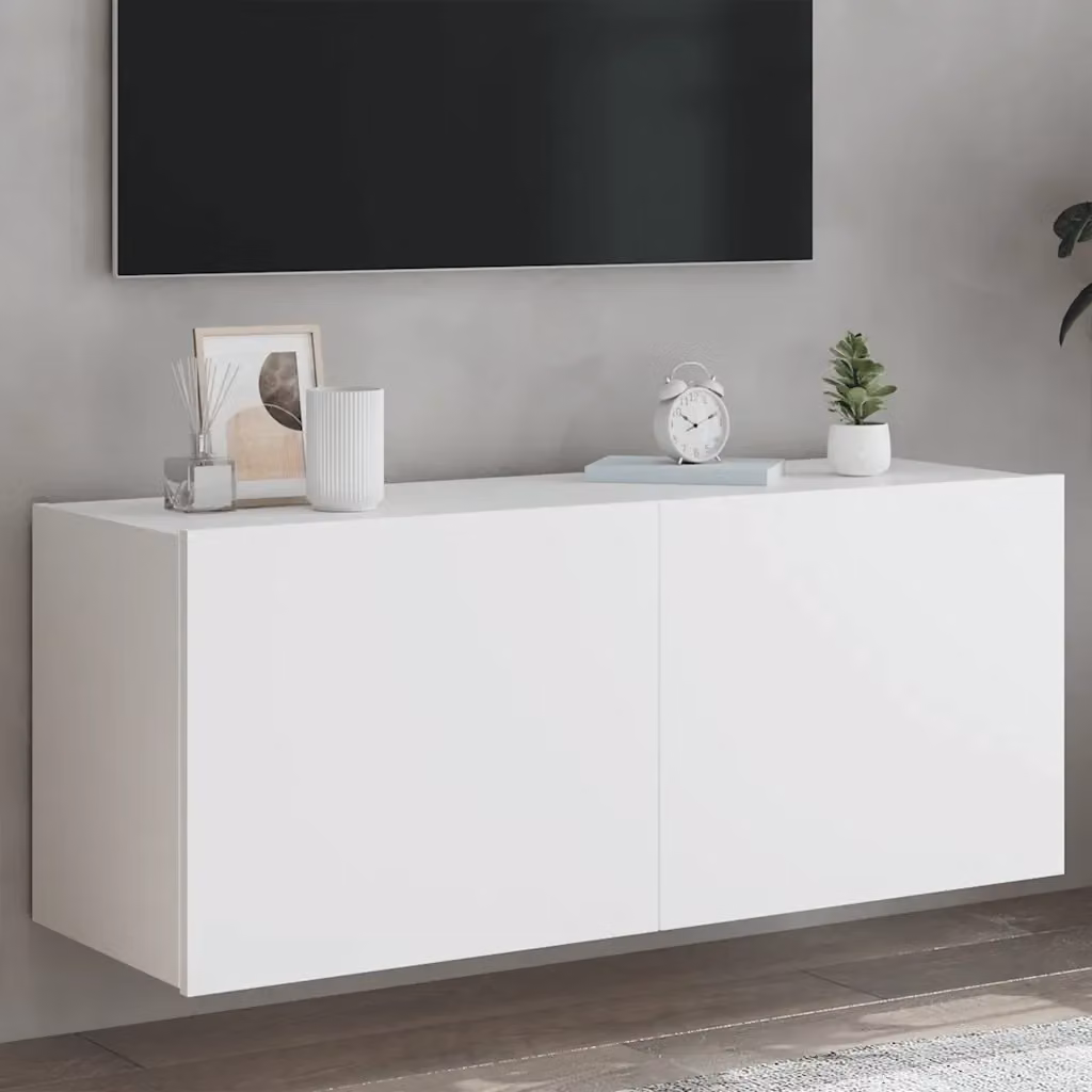 Mobile TV a parete moderno con luci LED integrate in legno bianco L: 100 cm, P: 35 cm, H: 41 cm – 2