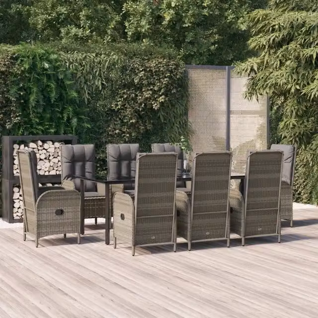Set da Pranzo da Giardino vidaXL in Polyrattan con Cuscini Nero e Grigio 9 Pezzi – 1