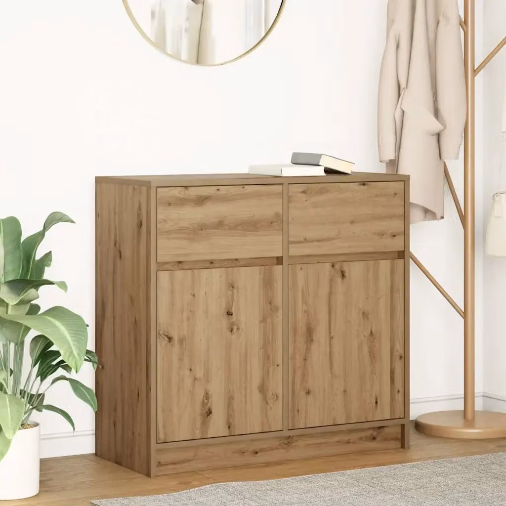 Credenza artigianale in rovere color marrone con cassetto, ideale per soggiorno o sala da pranzo, L: 80 cm, P: 34 cm, H: 76 cm – 2