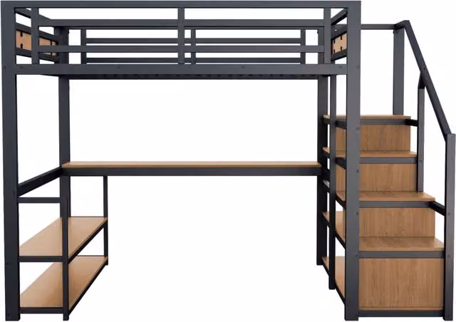 Letto a soppalco in metallo 140x200 cm con scaletta contenitore, mensole, scrivania e sponda di sicurezza, struttura nera in ferro