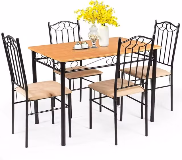 Set da Pranzo Costway da 5 Pezzi con Tavolo Rettangolare e 4 Sedie, Struttura in Metallo e Top in MDF Laminato, Colore Nero e Marrone, L: 107 cm – 1