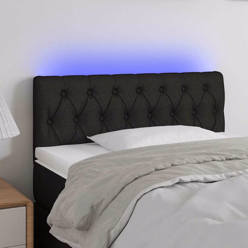 Testiera per letto vidaXL in tessuto nero con illuminazione LED e porta di ricarica USB, L 100 cm, P 7 cm, H 78-88 cm