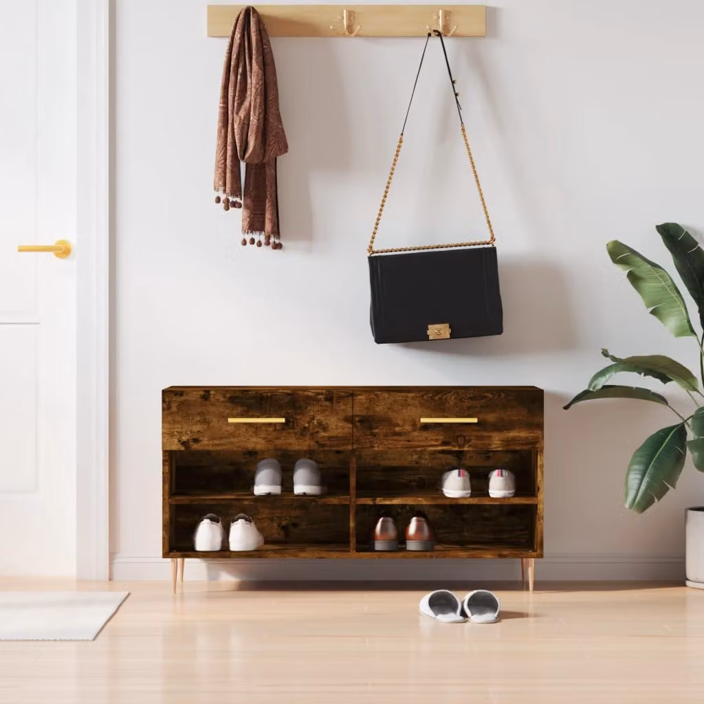 Panca porta scarpe vidaXL in legno e metallo stile industriale, colore rovere fumo, L 102 cm x P 35 cm x H 55 cm