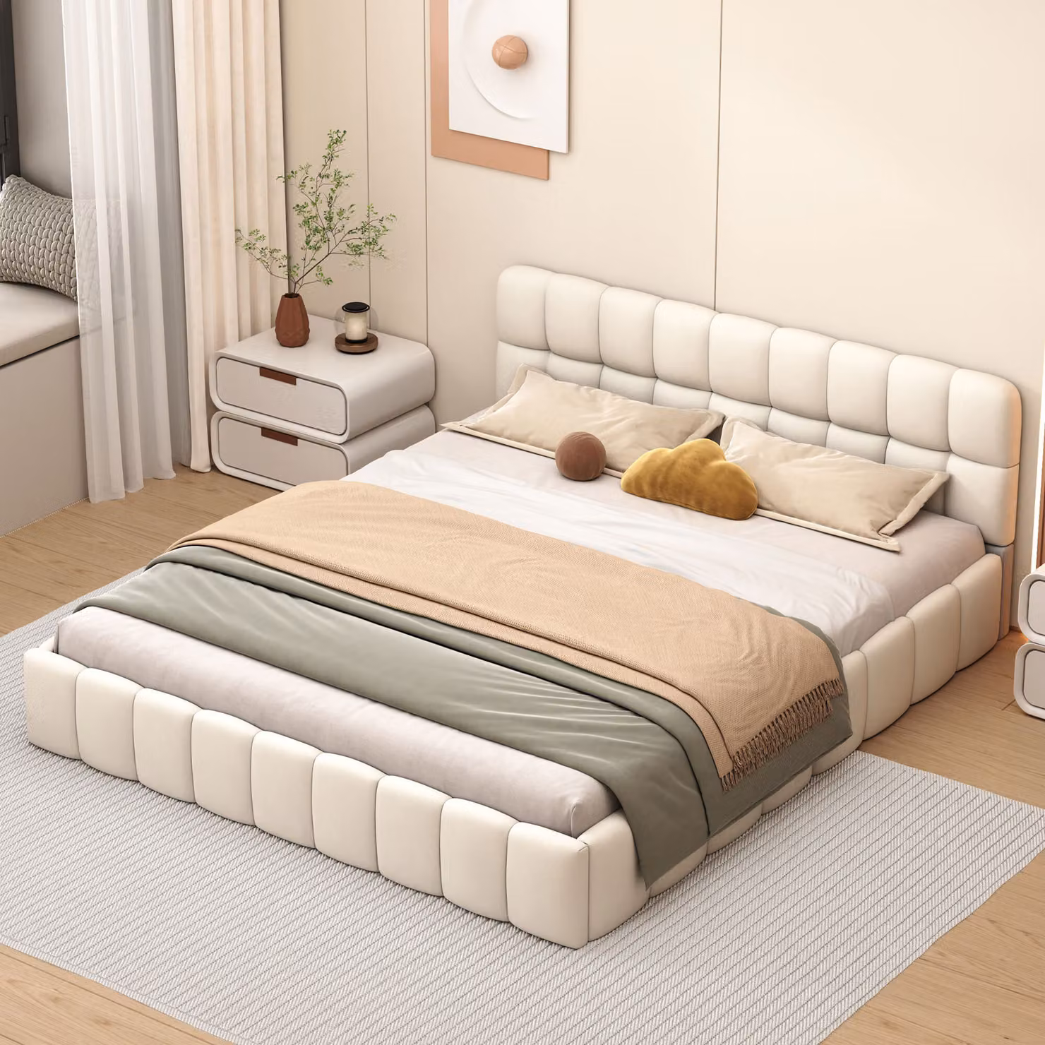 Letto imbottito ProximaX 140 x 200 cm，Letto per ragazzi, letto matrimoniale, schienale morbido, letto piatto con bordo imbottito, rete a doghe in lino beige (senza materasso)