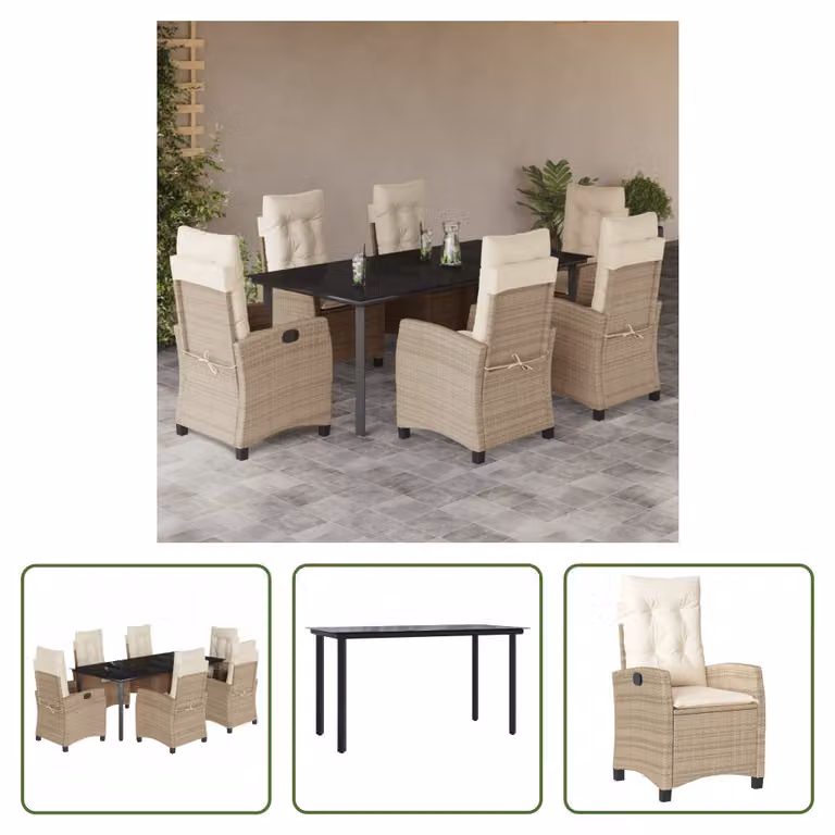 The Living Store Set da pranzo da giardino 7 pezzi con cuscini Beige poly rattan