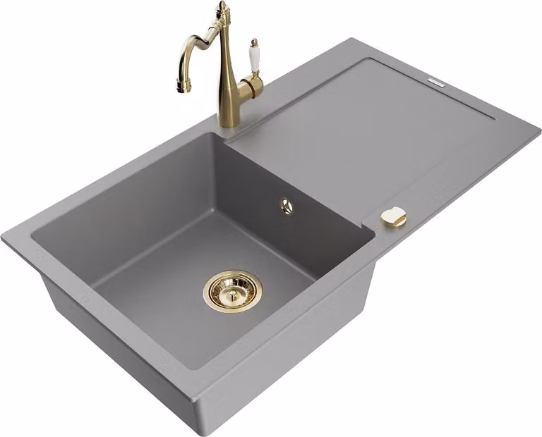 Mexen Leo lavello in granito a 1 vasca con scolapiatti e rubinetto da cucina Carla, grigio - 6501-71-670700-50