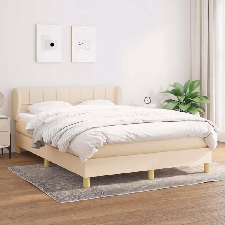 vidaXL Giroletto a Molle con Materasso in Tessuto Beige e Bianco L/P/H: 140 x 190 x 88 cm