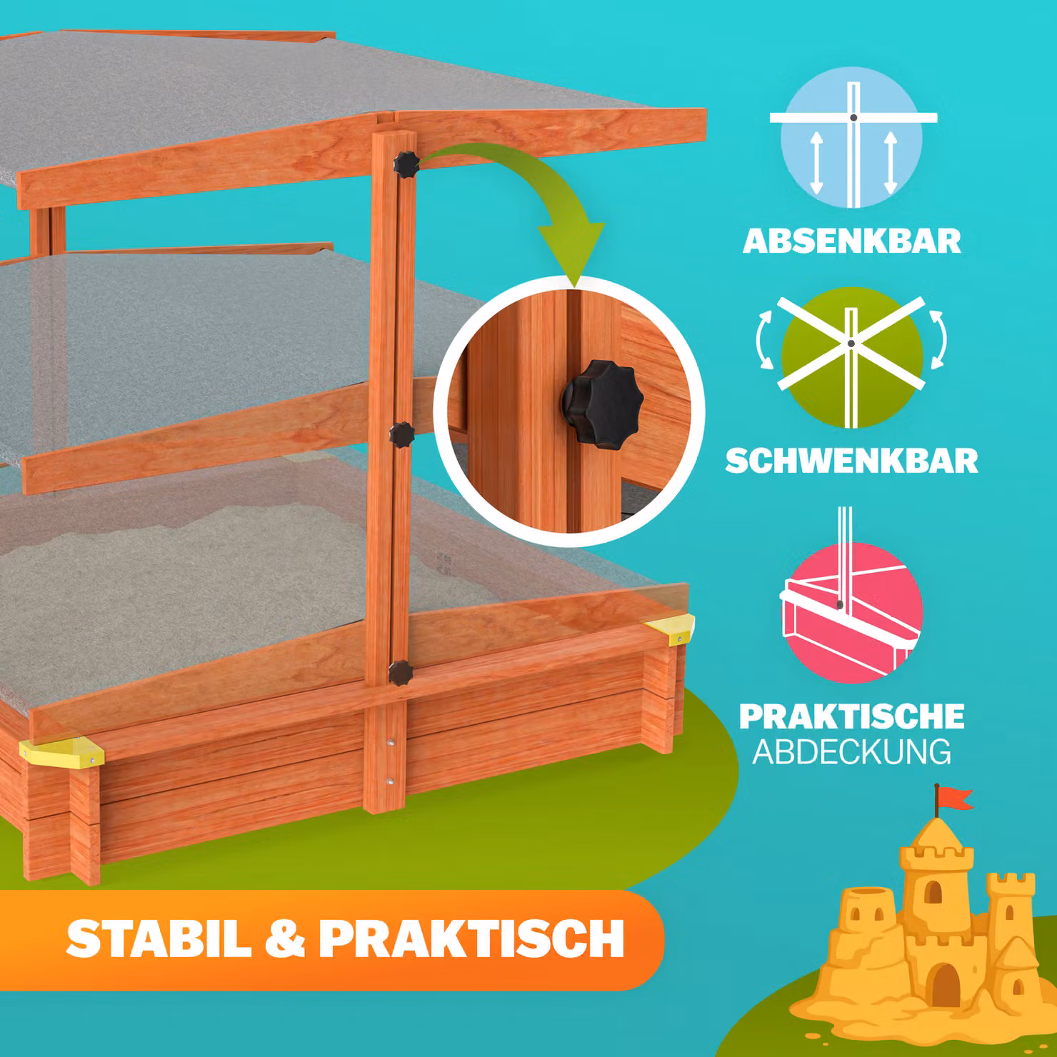 Sabbiera per bambini Spielwerk con canopy e protezione UV, multicolore, L: 140 cm, P: 140 cm – 2