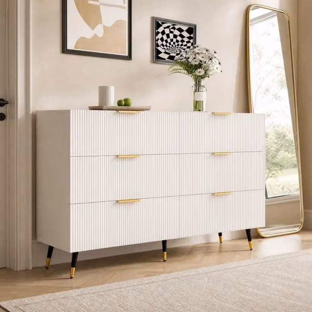 Madia REDOM moderna bianca e oro con decoro a righe, L/P/H: 120 x 42,5 x 77 cm