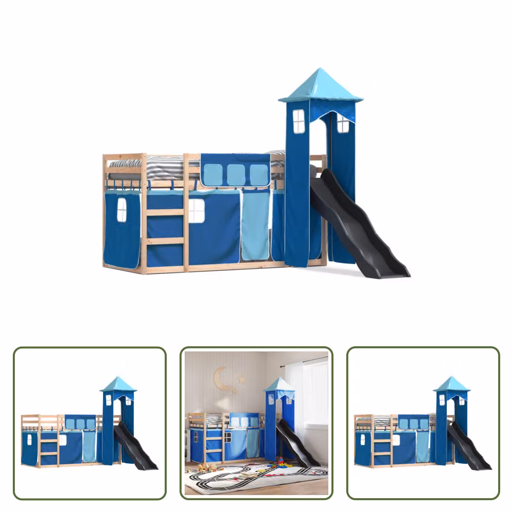 The Living Store Letto a castello con scivolo e tende Blu 80x200 cm