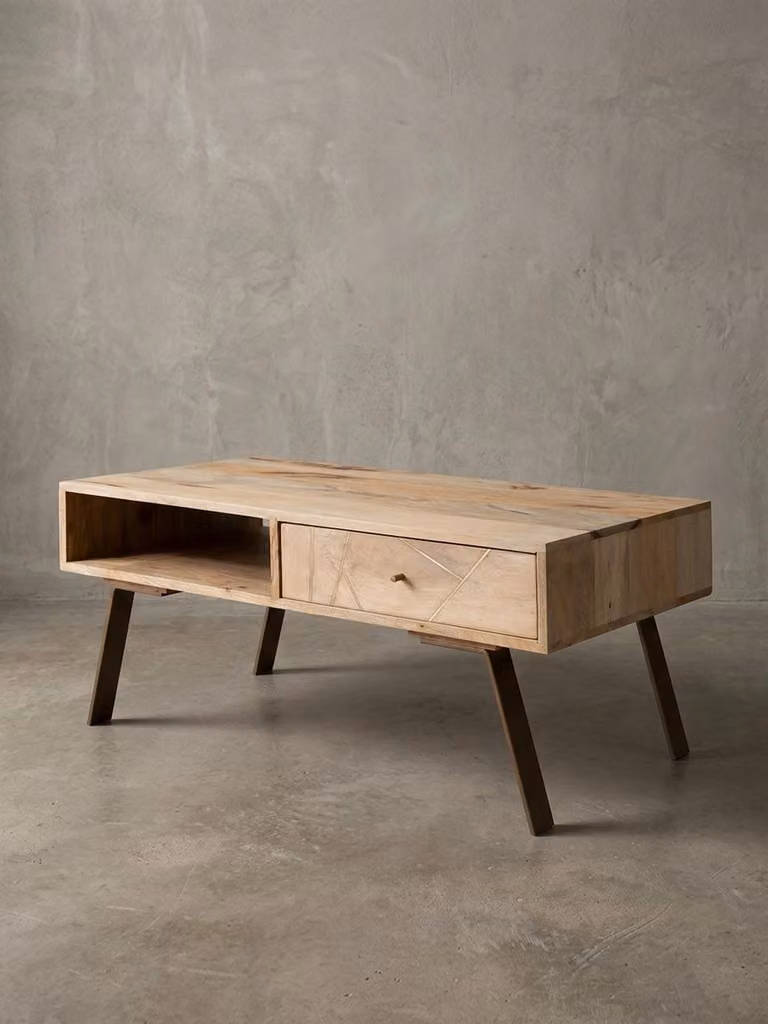 Tavolino Garda, stile rustico country, legno massiccio di mango e metallo. 95x50x42 cm | Kadima Design