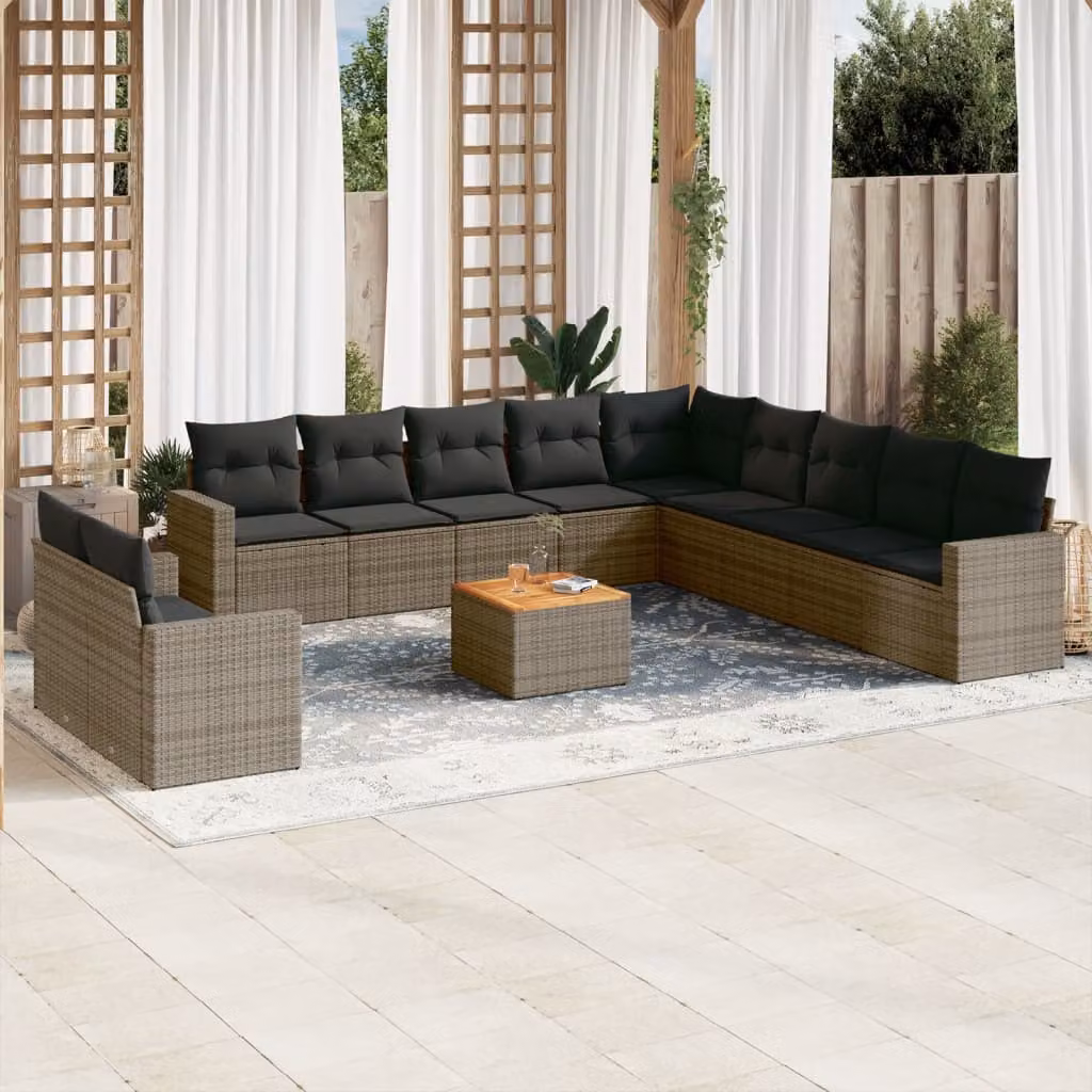 vidaXL Set di Divani da Giardino a Forma di U in Polyrattan Grigio con 12 Pezzi e Cuscini – 1