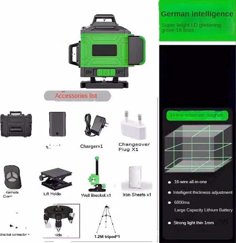 livella laser 4D, precisione verticale e orizzontale, 6 ore di lavoro, IP54 antipolvere, verde 16 linee Con scatola treppiede