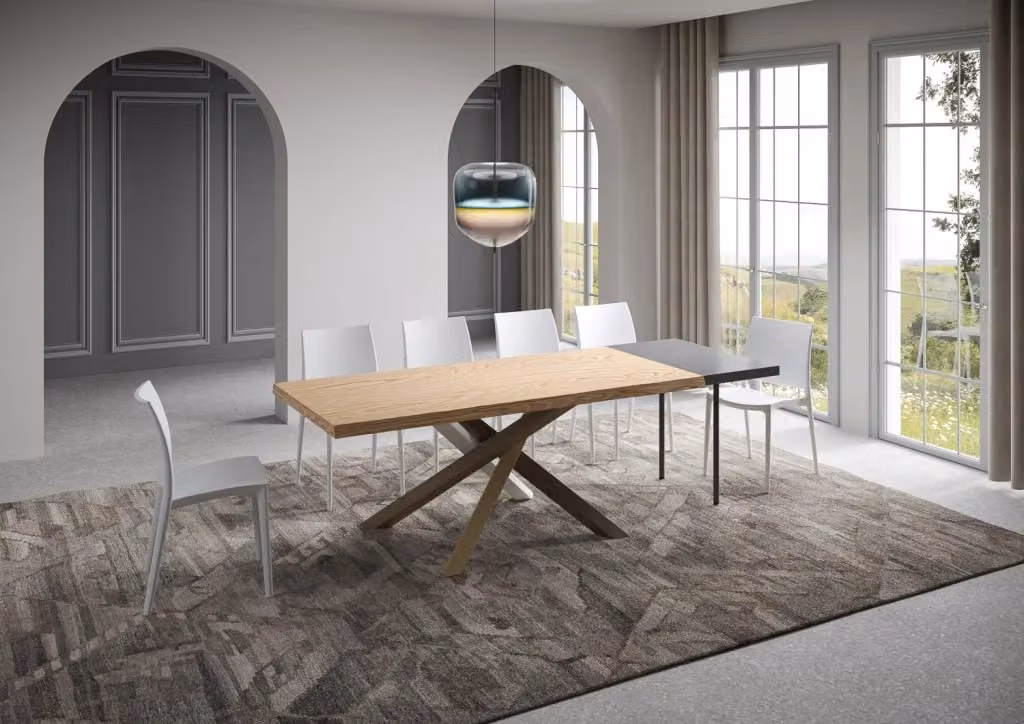 Tavolo allungabile moderno Itamoby in legno di rovere con bordo live edge e struttura a X, L/P/H: 180 x 90 x 75 cm (estendibile a 230 cm) – 2