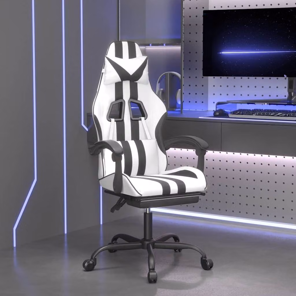 Sedia da Gaming Girevole vidaXL in Similpelle Bianco e Nero con Poggiapiedi e Braccioli