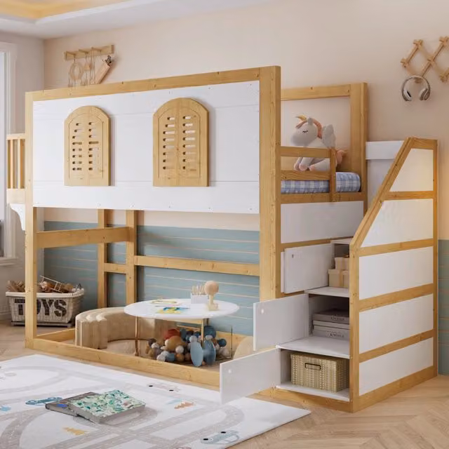 Letto a soppalco 90x200 cm con scala contenitore; area giochi e finestre in legno bianco naturale