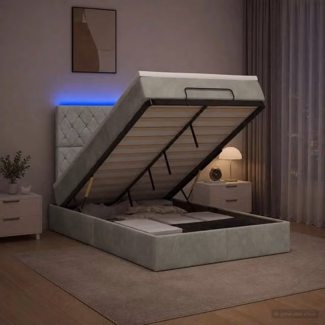 Letto Ottomano con Materasso Ibrido vidaXL, Grigio e Bianco, con Illuminazione LED Sotto il Letto e Base a Sollevamento, L/P/H: 200 x 120 x 88 cm