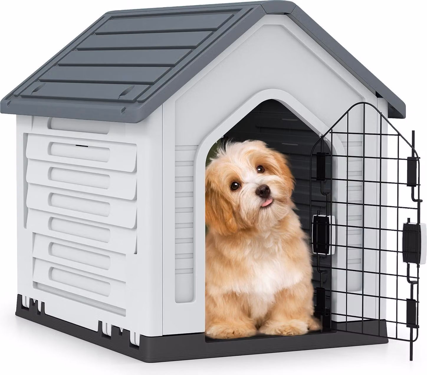 Cuccia per cani da esterno COSTWAY, casetta per cani resistente alle intemperie con porta in metallo chiudibile a chiave, fessure di ventilazione, tetto spiovente, gabbia per cani da interno grigio