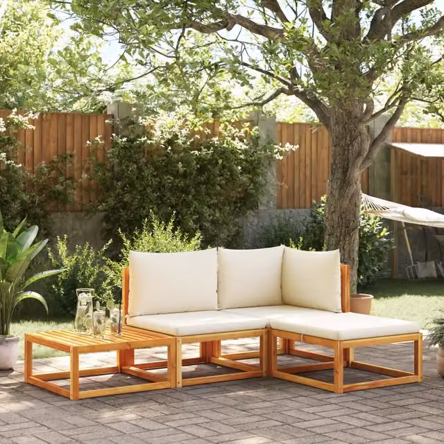 Set di divani da giardino 4 pezzi vidaXL in legno di acacia con cuscini beige e bianchi – 1