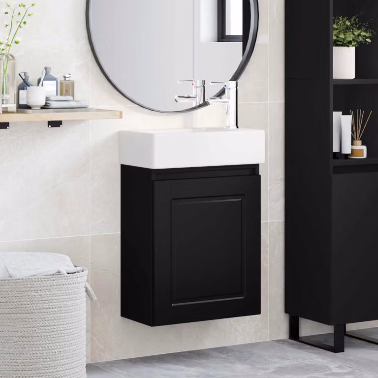 Mobile bagno moderno vidaXL con rubinetto, nero, L: 45,5 cm, P: 22,5 cm, H: 84 cm