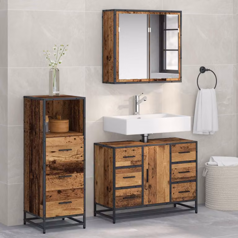 Set di mobili per il bagno vidaXL in legno vecchio marrone composto da 3 pezzi con armadietto specchio, mobile lavabo e mobile laterale L/P/H: 80 x 33 x 60 cm
