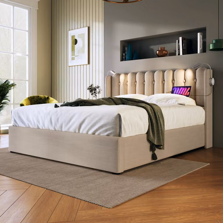 Letto imbottito Flieks 160x200cm con rete a doghe, letto a molle idrauliche con USB e luce di lettura, letto contenitore letto matrimoniale, biancheria, beige