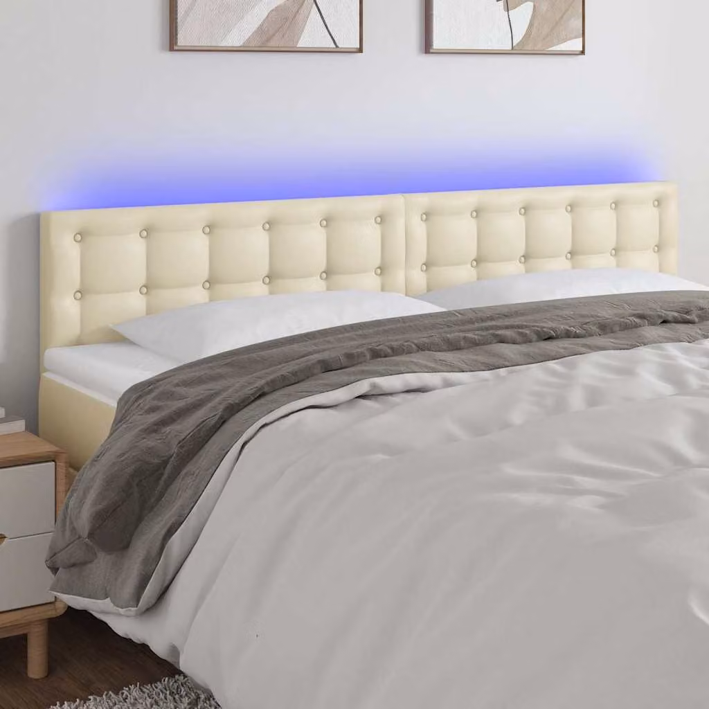 Testiera per letto vidaXL in similpelle beige con illuminazione LED integrata e porta di ricarica USB, L 200 cm x P 5 cm x H 78-88 cm