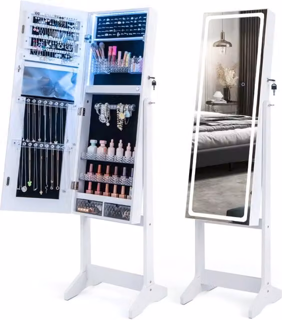Armadio portagioie Design Mania con specchio a figura intera e luci LED, Bianco, L: 41 cm, P: 38,5 cm, H: 151 cm – 1