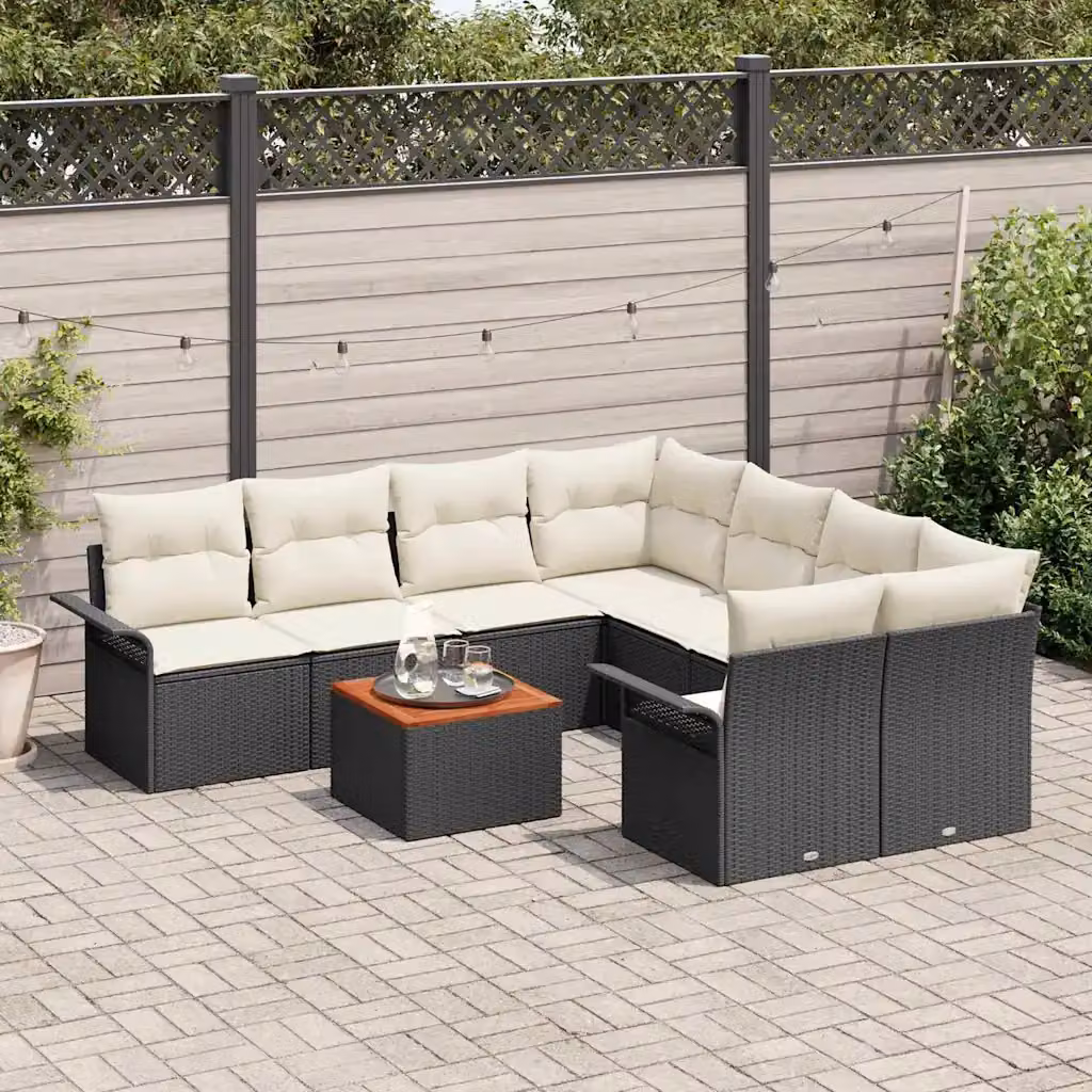 Set Divano da Giardino Moderno vidaXL in Polyrattan Nero con Cuscini e Tavolino da Esterno – 1