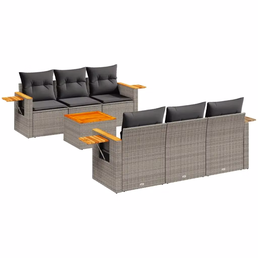 Set di divani da giardino vidaXL in 7 pezzi con cuscini grigi in polyrattan e legno di acacia – 2